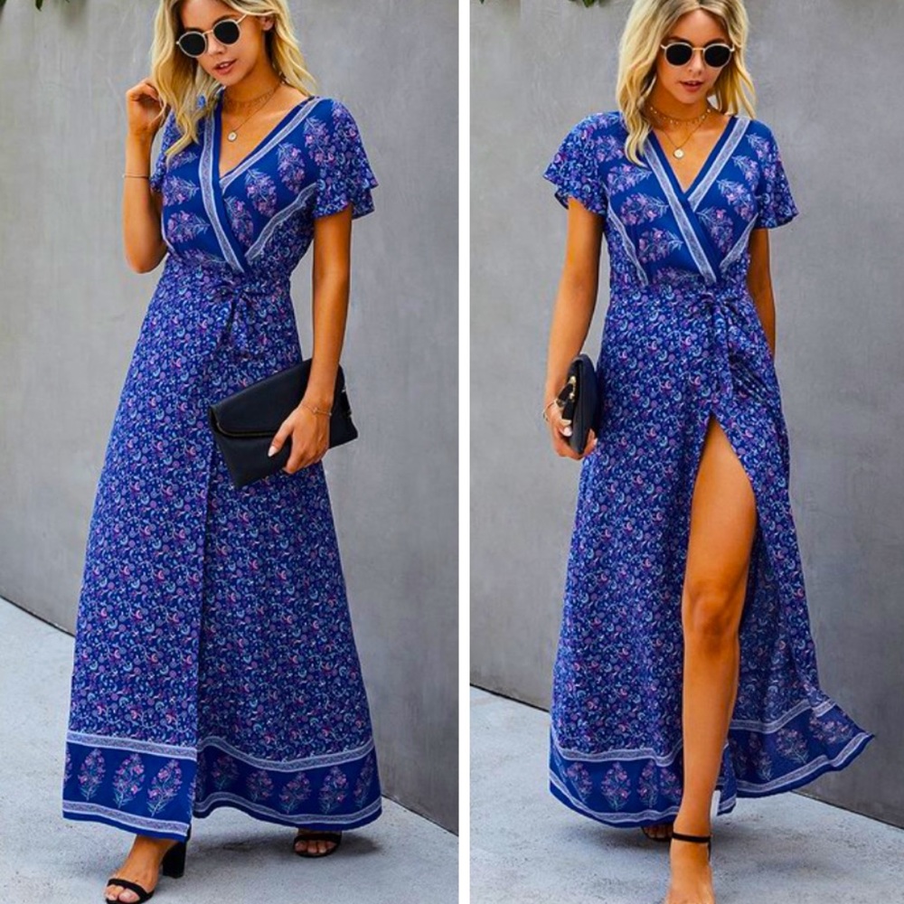 RESTOCK Blue Flutter Sleeve Floral Wrap Maxi Dress